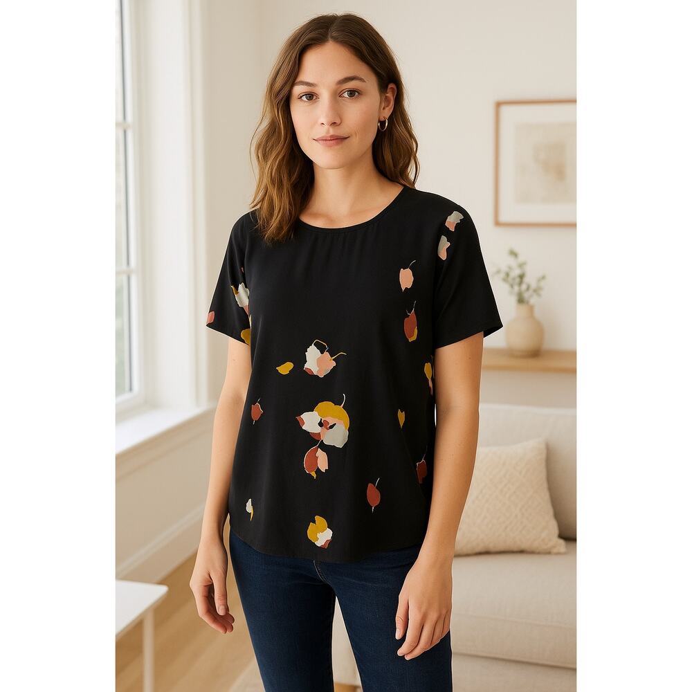 Madewell Silk Floral Abstract Artsy Top | Short Sleeve Blouse Black | XS